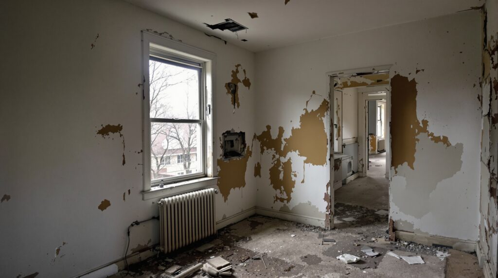Interior of abandoned house showing damage and neglect